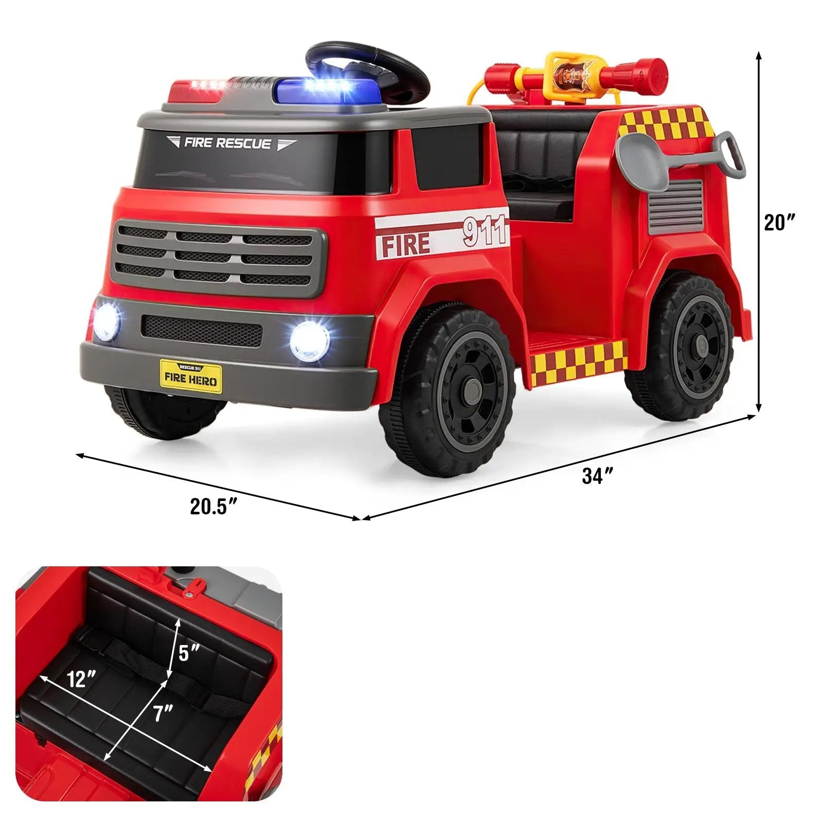 12V Ride on Fire Truck Powered Car with Water Gun and Interphone-Red by DirectDeals