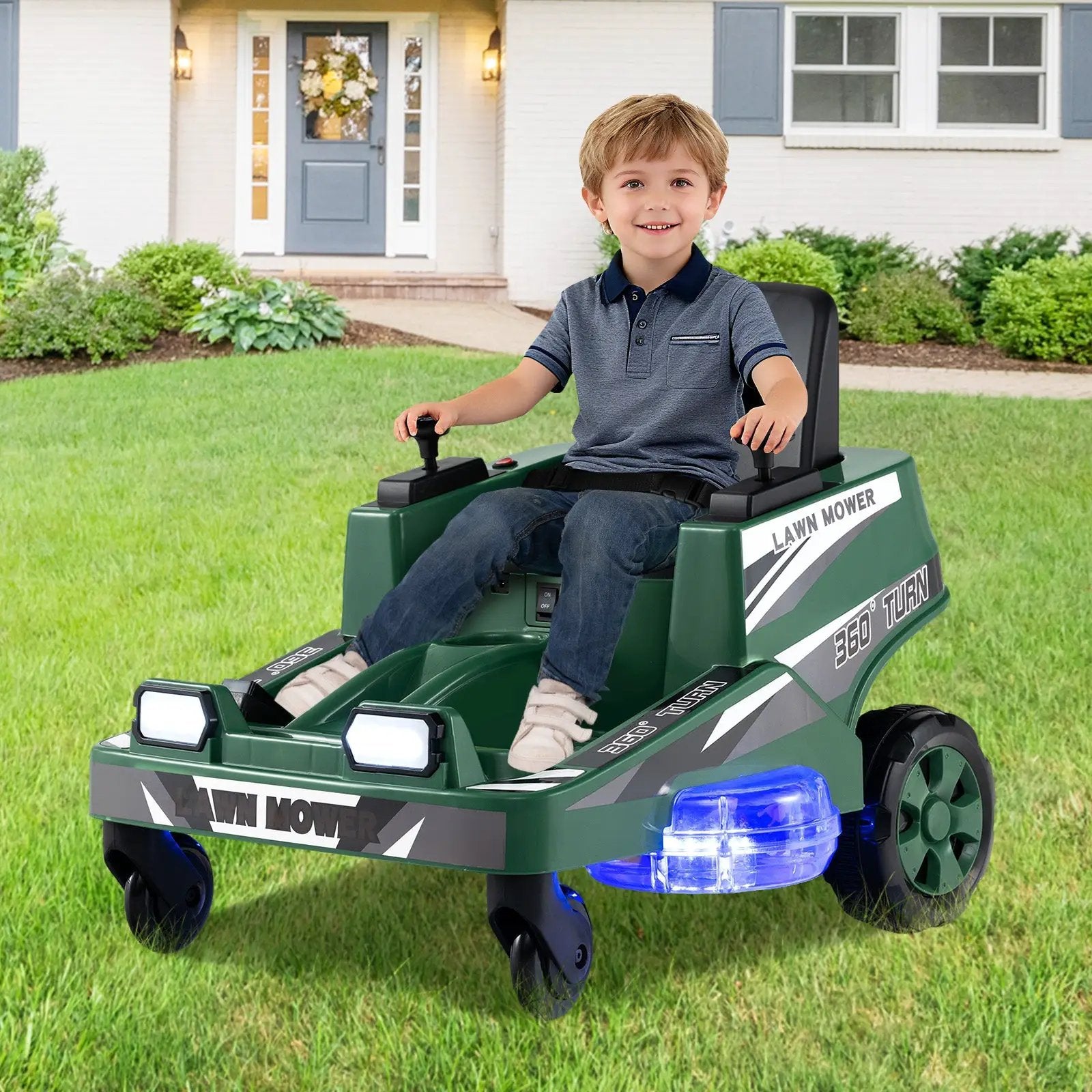 12V Ride on Lawn Mower for Kids with Dual Control Sticks and LED Lights by DirectDeals