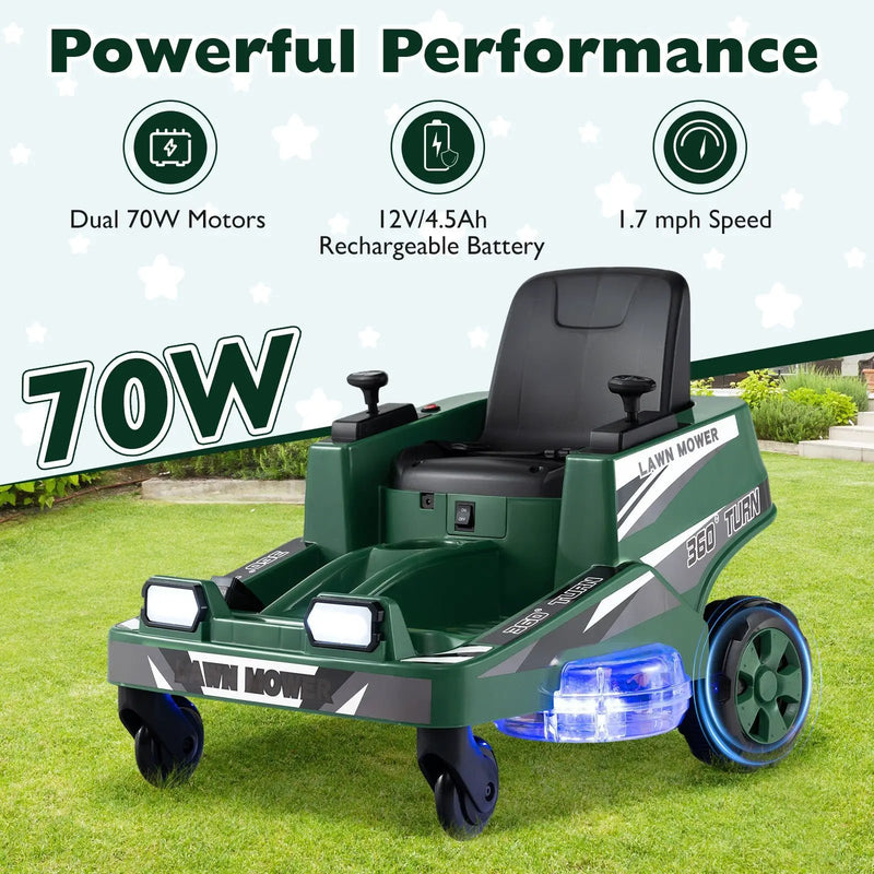12V Ride on Lawn Mower for Kids with Dual Control Sticks and LED Lights by DirectDeals