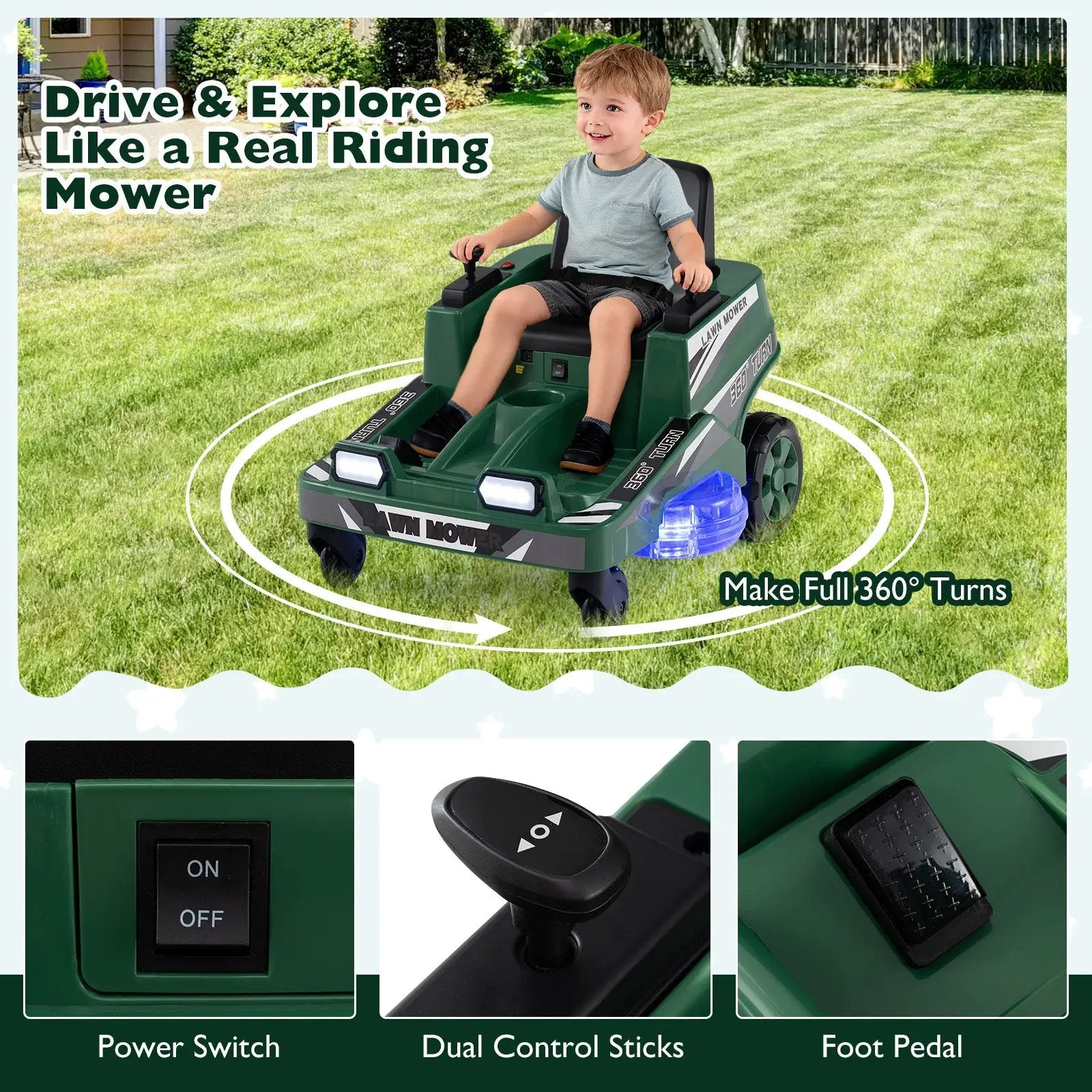12V Ride on Lawn Mower for Kids with Dual Control Sticks and LED Lights by DirectDeals