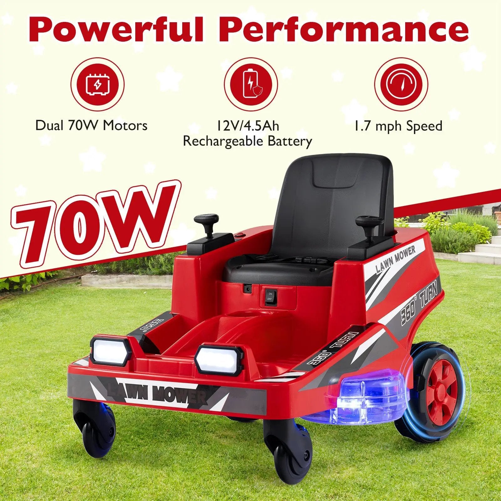 12V Ride on Lawn Mower for Kids with Dual Control Sticks and LED Lights by DirectDeals