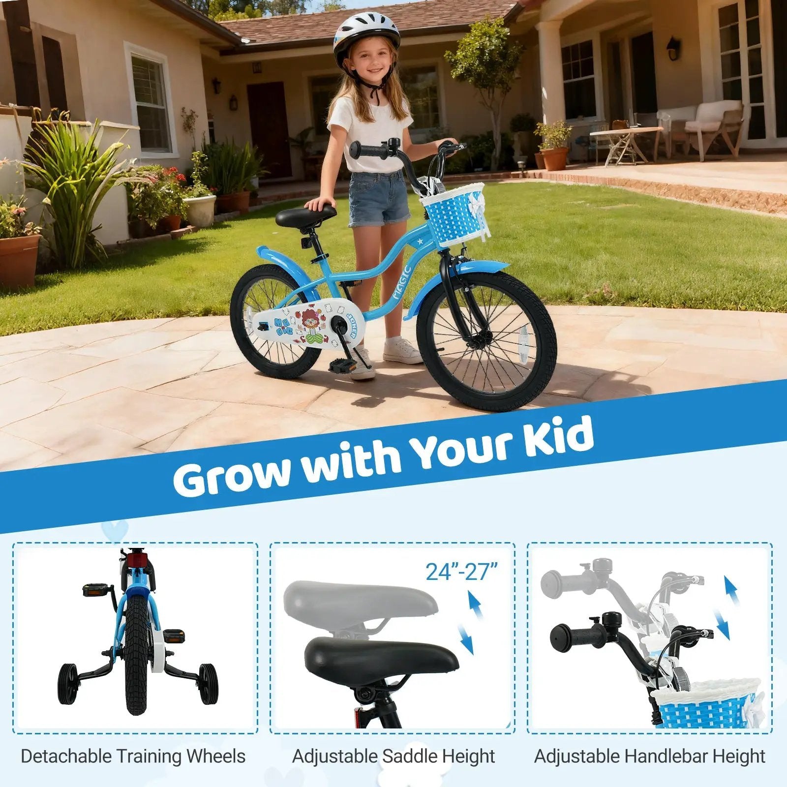12/14/16 Inch Kids Bike with Training Wheels and Basket Navy Color by DirectDeals