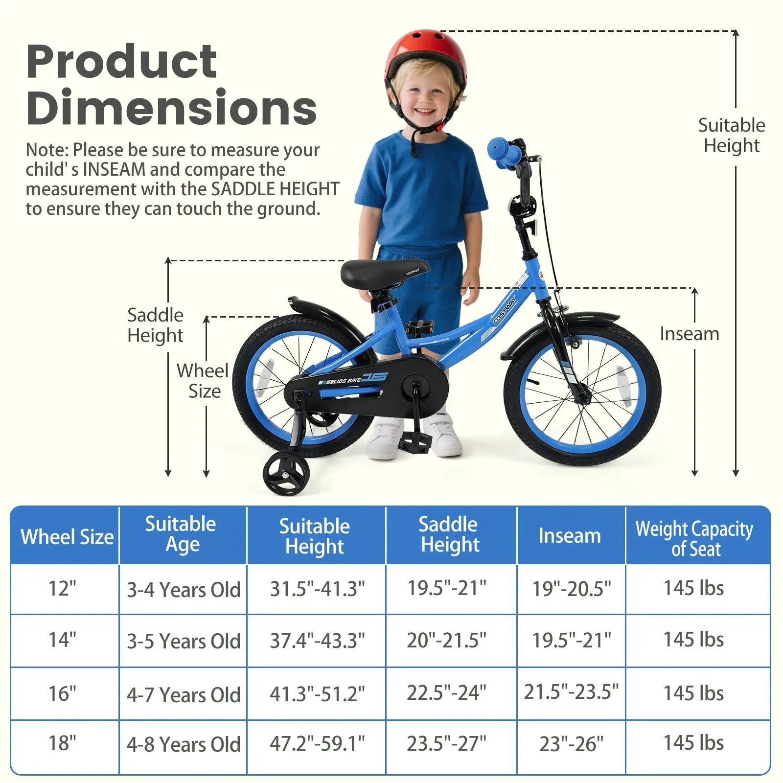 12/14/16/18 Inches Kids Bike with Removable Training Wheels and Adjustable Seatfor 3-8 Years Old Navy by DirectDeals