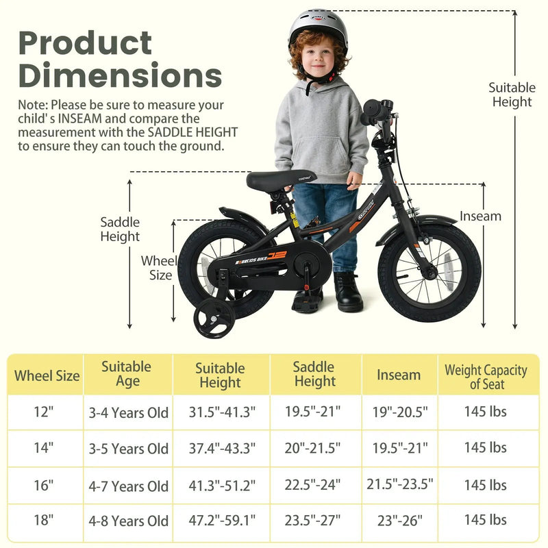 12/14/16/18 Inches Kids Bike with Removable Training Wheels and Adjustable Seatfor 3-8 Years Old Black by DirectDeals