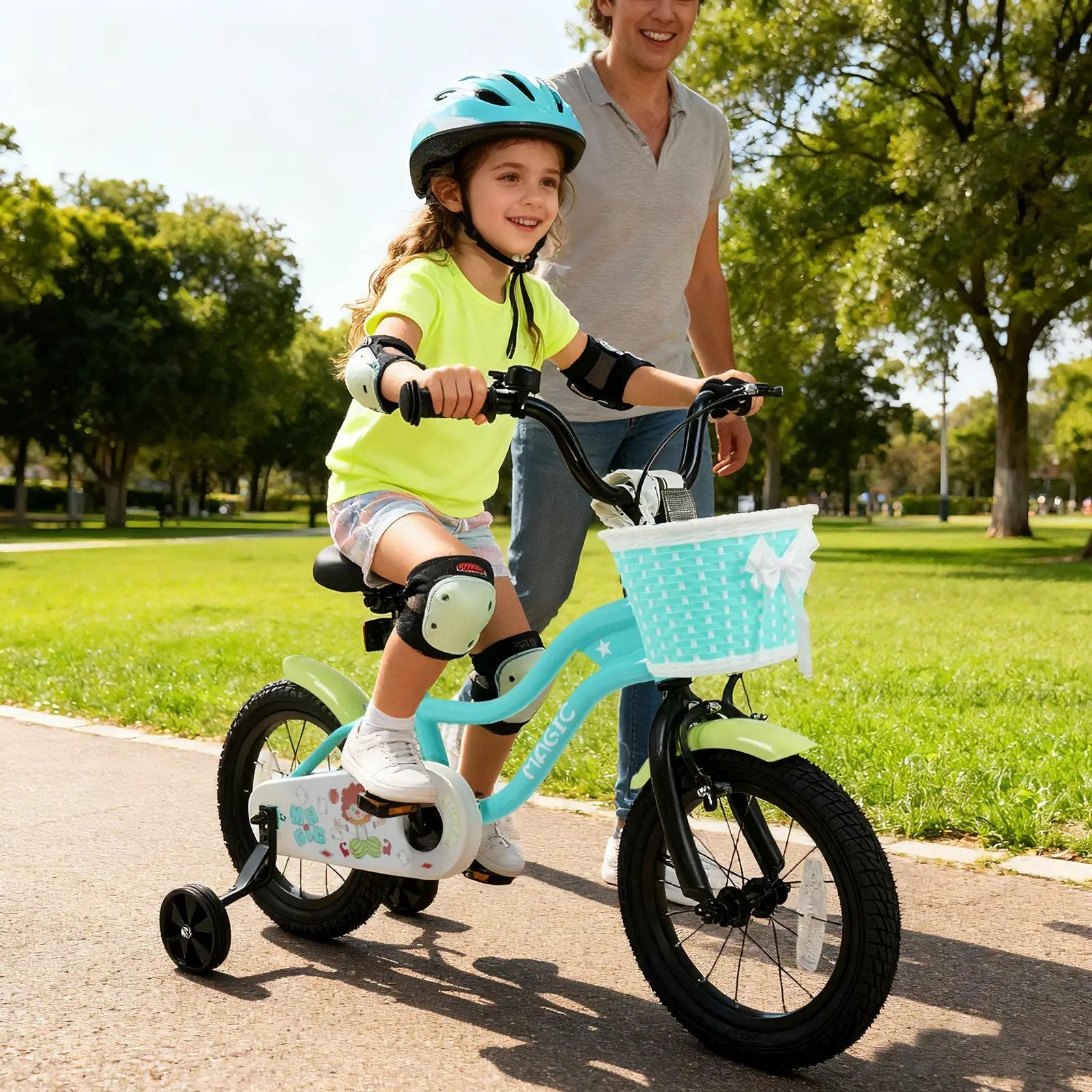 12/14/16 Inch Kids Bike with Training Wheels and Basket Green Color by DirectDeals