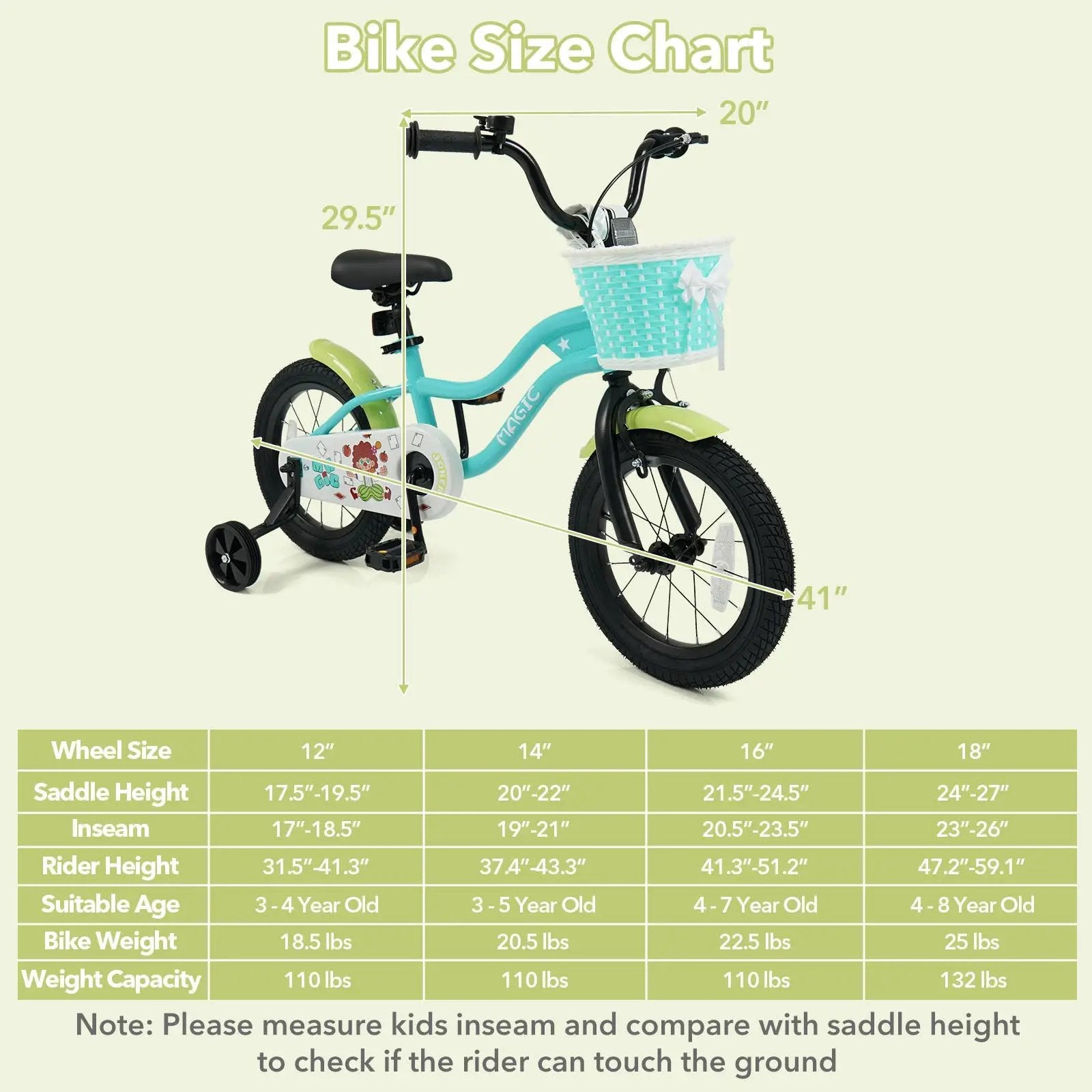 12/14/16 Inch Kids Bike with Training Wheels and Basket Green Color by DirectDeals