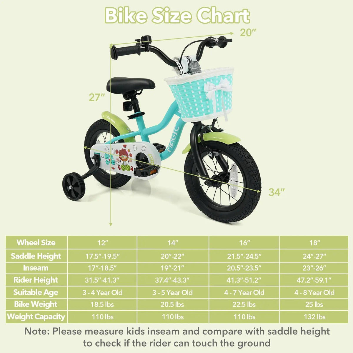 12/14/16 Inch Kids Bike with Training Wheels and Basket Green Color, photo 13 of 32