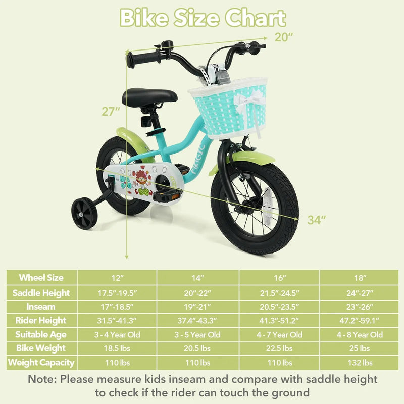 12/14/16 Inch Kids Bike with Training Wheels and Basket Green Color by DirectDeals