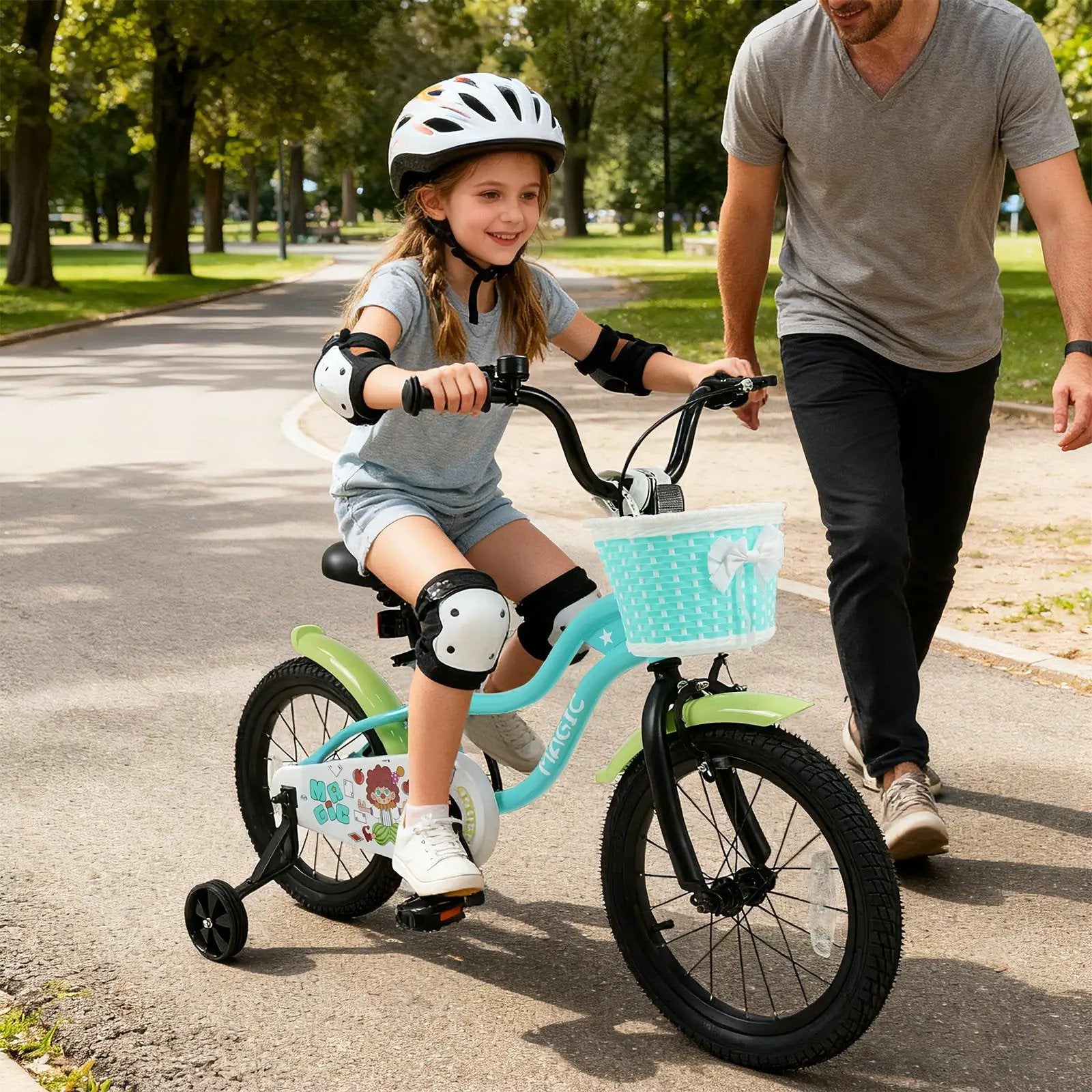 12/14/16 Inch Kids Bike with Training Wheels and Basket Green Color by DirectDeals