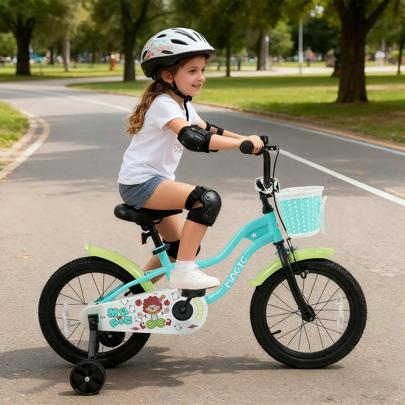 12/14/16 Inch Kids Bike with Training Wheels and Basket Green Color by DirectDeals