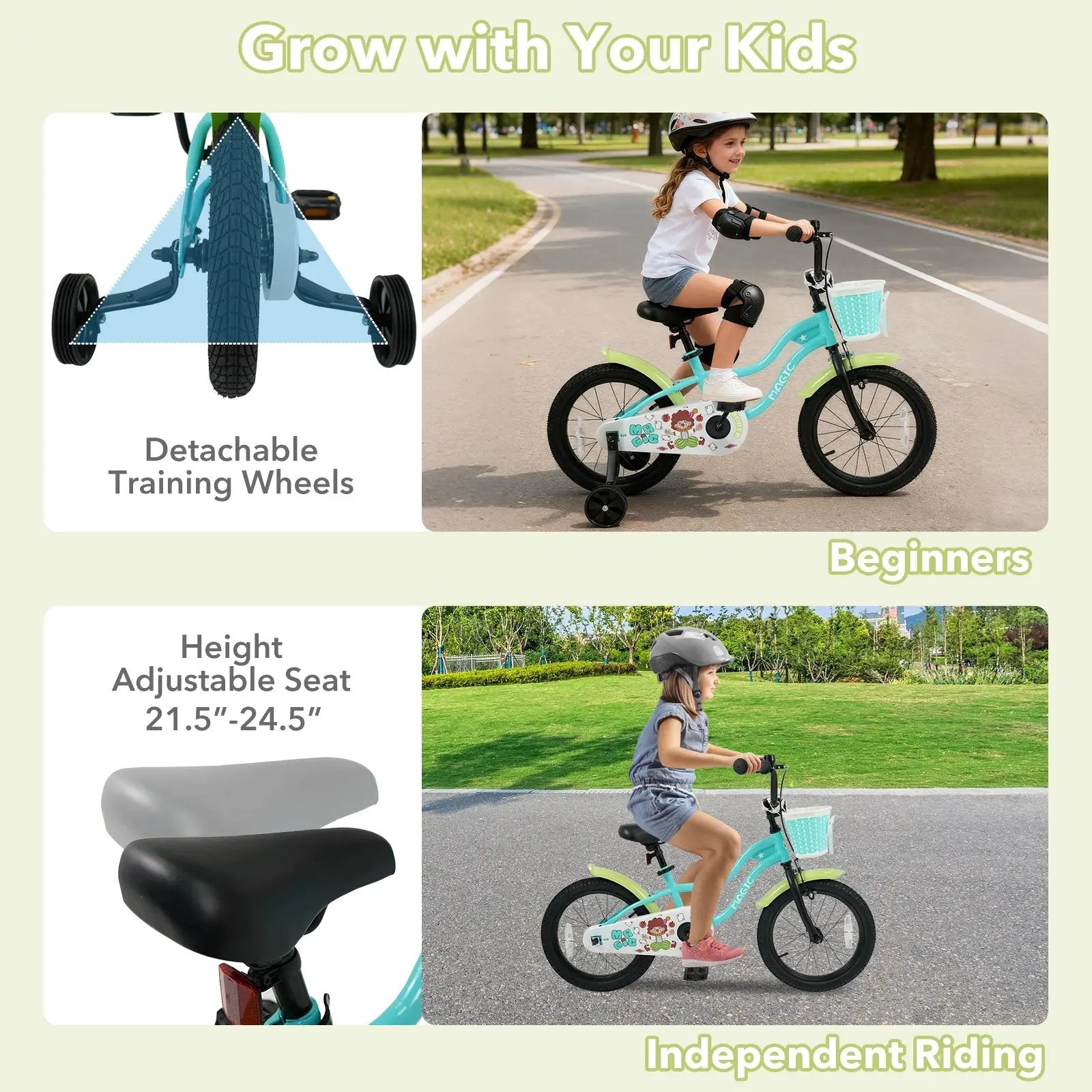 12/14/16 Inch Kids Bike with Training Wheels and Basket Green Color by DirectDeals