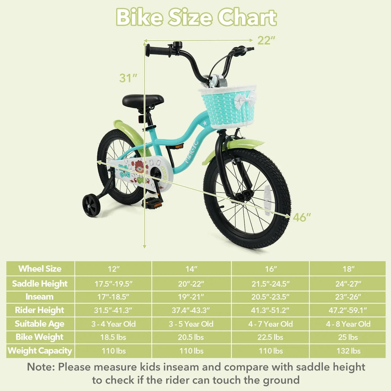 12/14/16 Inch Kids Bike with Training Wheels and Basket Green Color by DirectDeals