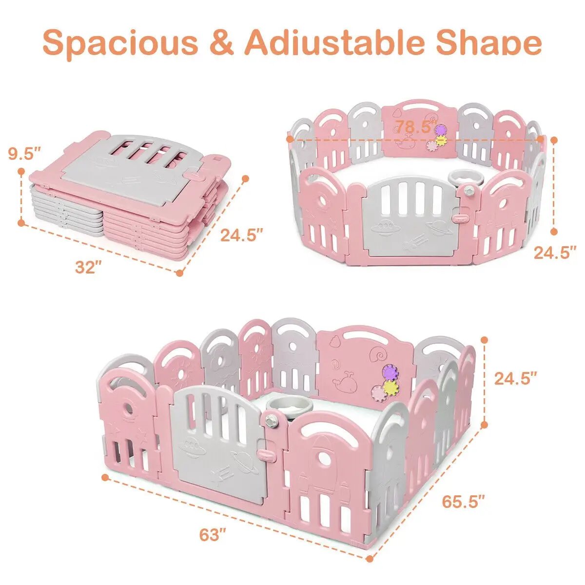 14-Panel Baby Playpen with Music Box & Basketball Hoop-Pink by DirectDeals