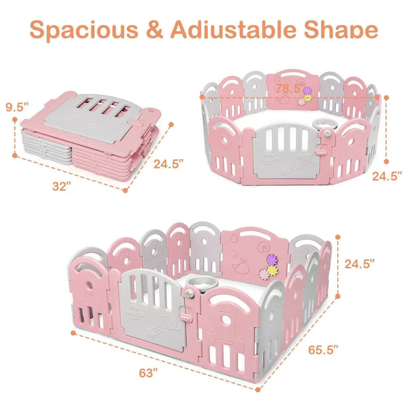14-Panel Baby Playpen with Music Box & Basketball Hoop-Pink by DirectDeals