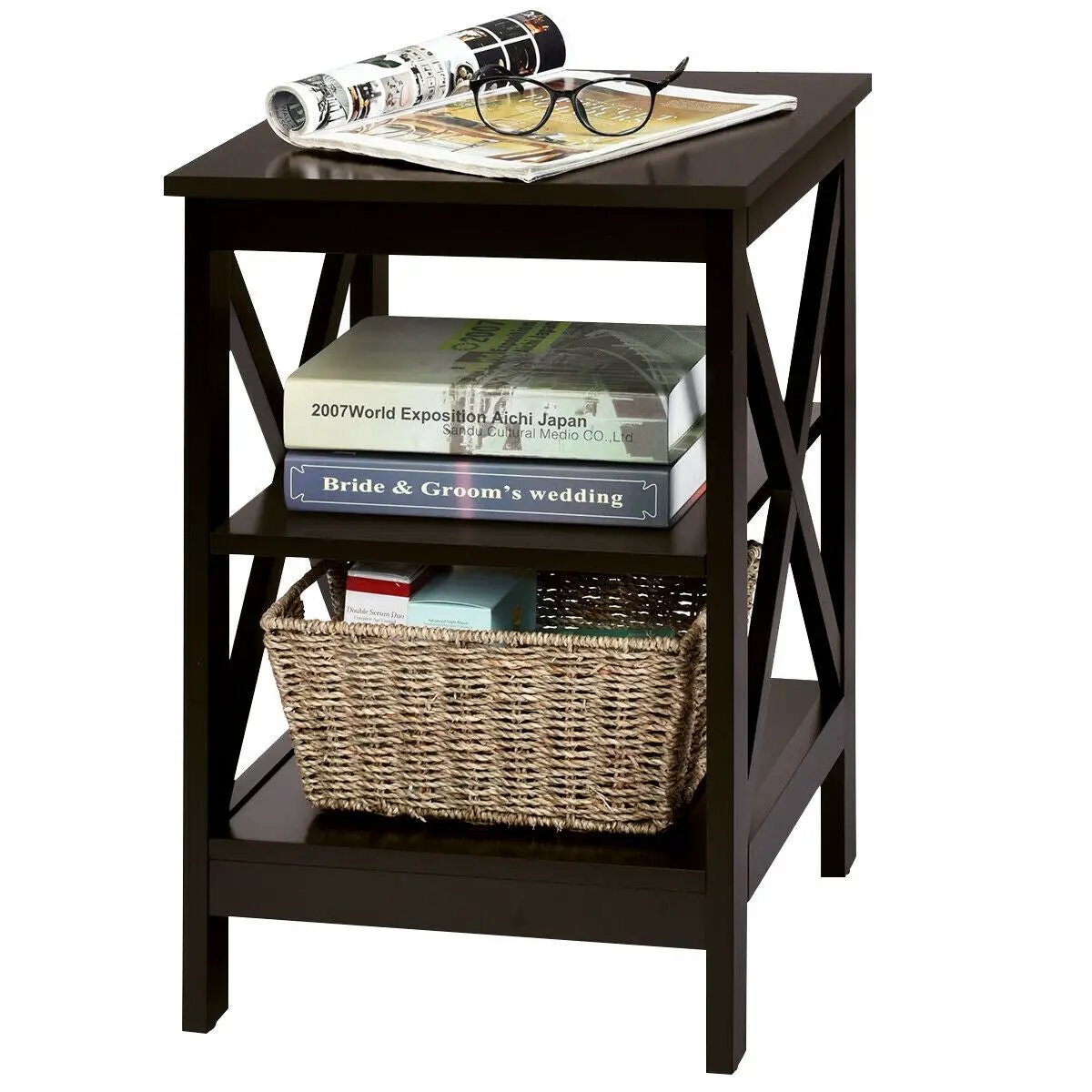 3-Tier Nightstand End Table with X Design Storage, photo 2 of 16