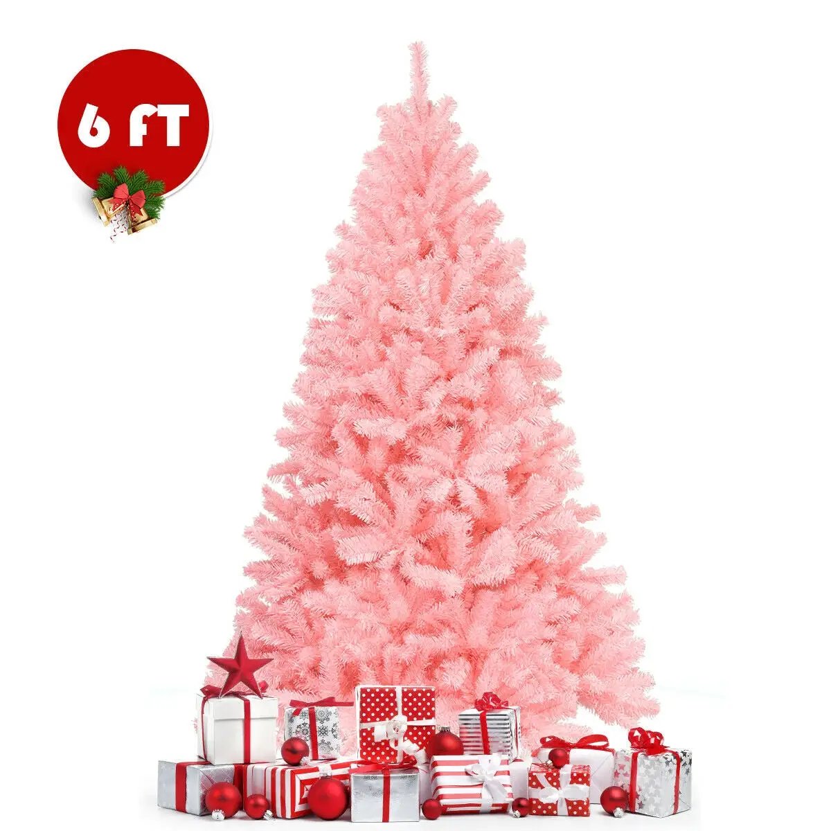 6 Feet Pink Artificial Hinged Spruce Full Christmas Tree with Foldable Metal Stand by DirectDeals