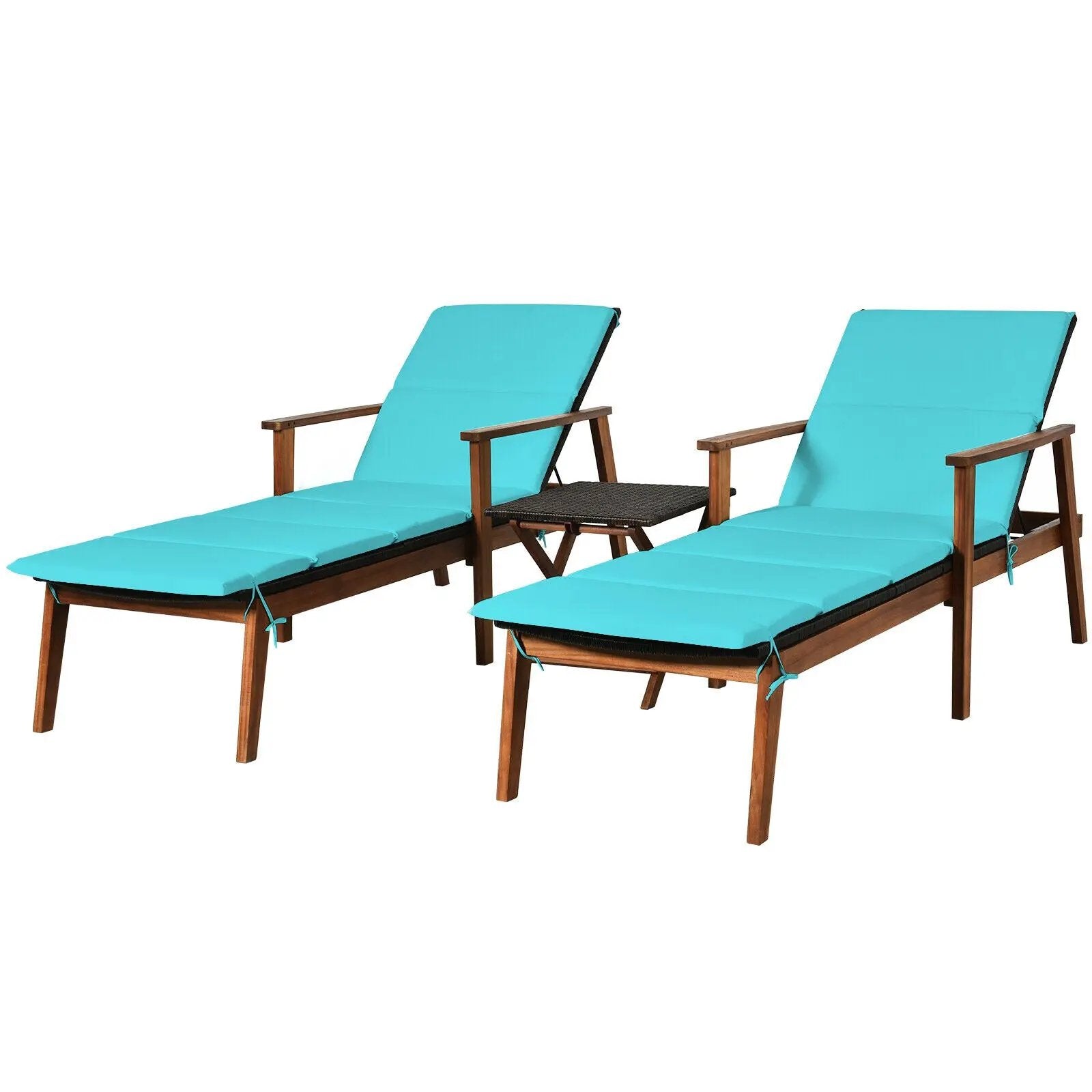 3 Pieces Portable Patio Cushioned Rattan Lounge Chair Set with Folding Table by DirectDeals