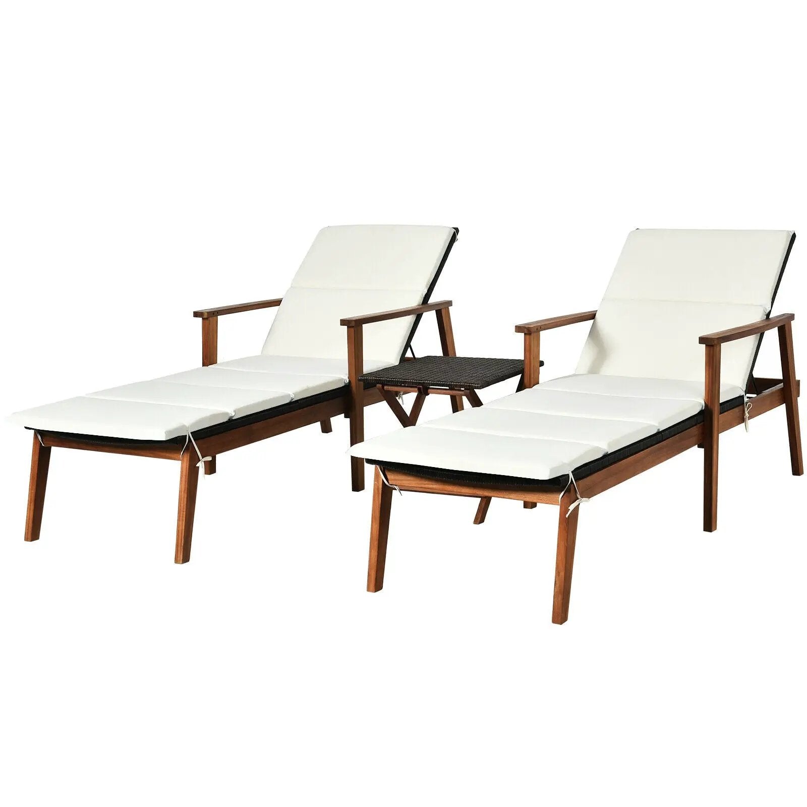 3 Pieces Portable Patio Cushioned Rattan Lounge Chair Set with Folding Table by DirectDeals