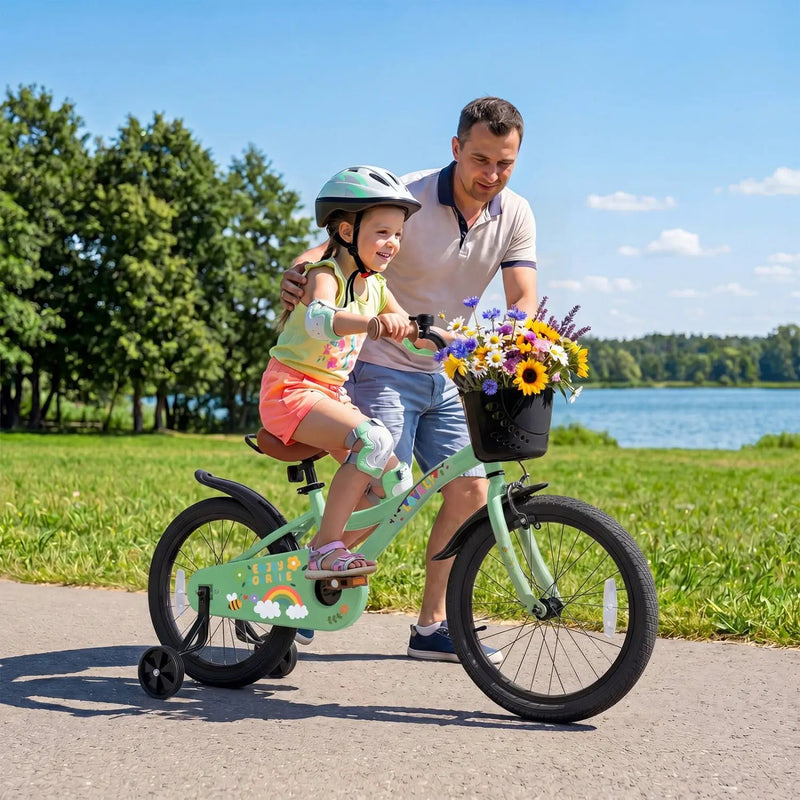 Girls Bike 12 Inch with Training Wheels and Basket - Green by DirectDeals