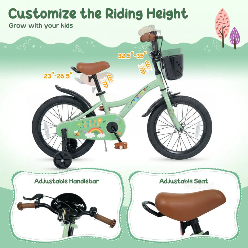 Girls Bike 12 Inch with Training Wheels and Basket - Green by DirectDeals