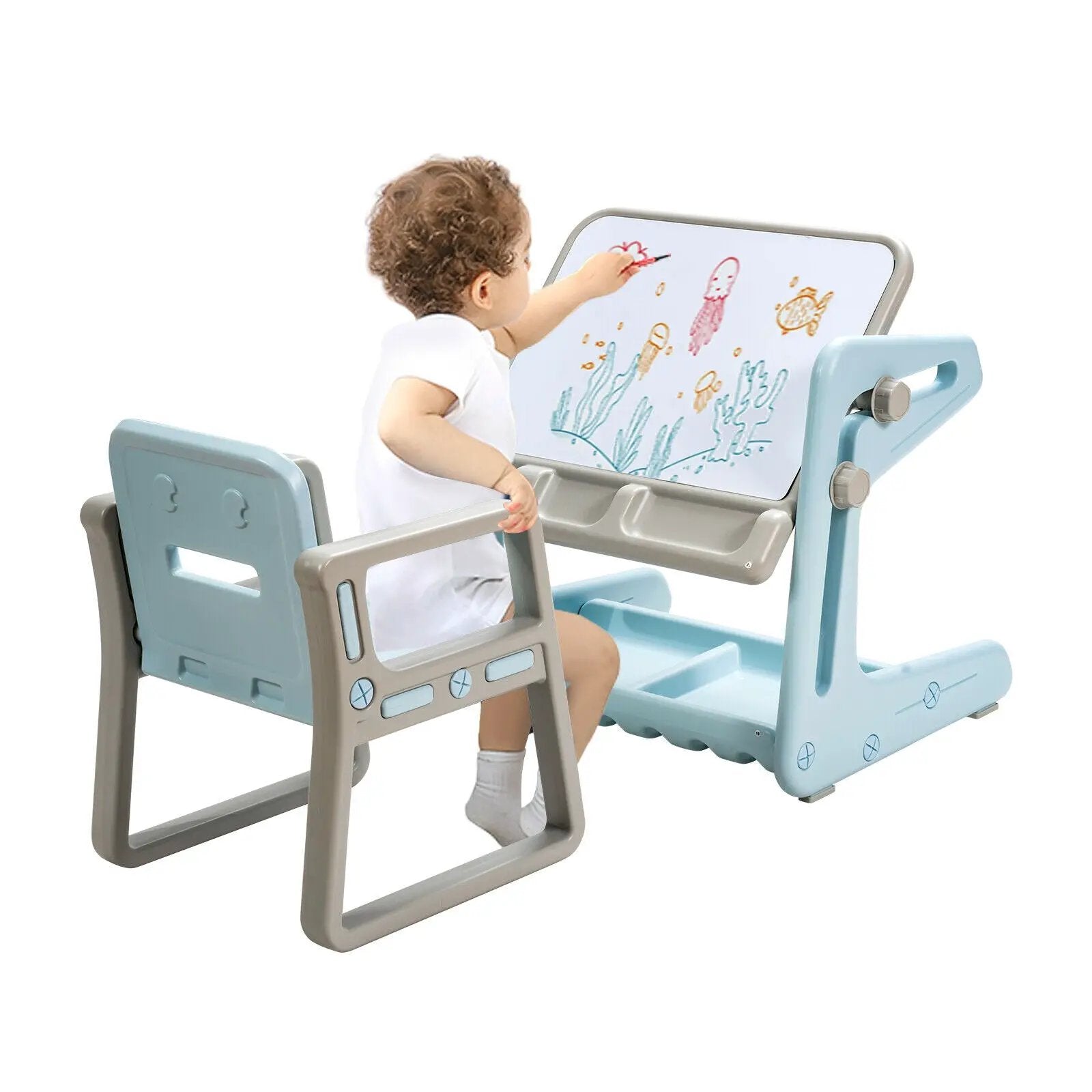 2 in 1 Kids Easel Table and Chair Set with Adjustable Art Painting Board by DirectDeals
