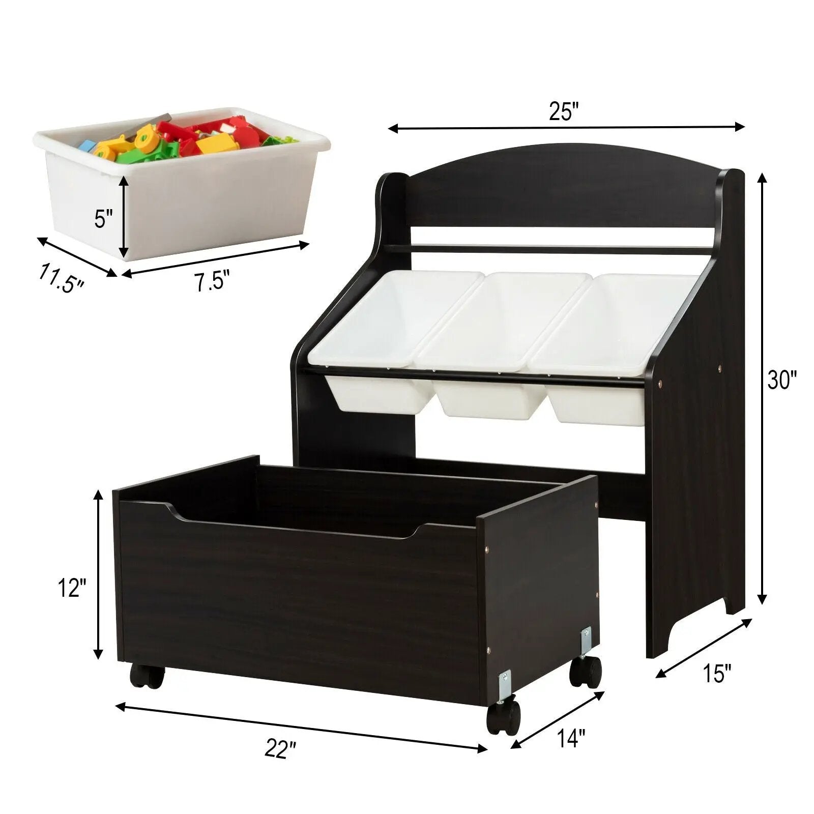 Kids Wooden Toy Storage Unit Organizer with Rolling Toy Box and Plastic Bins by DirectDeals