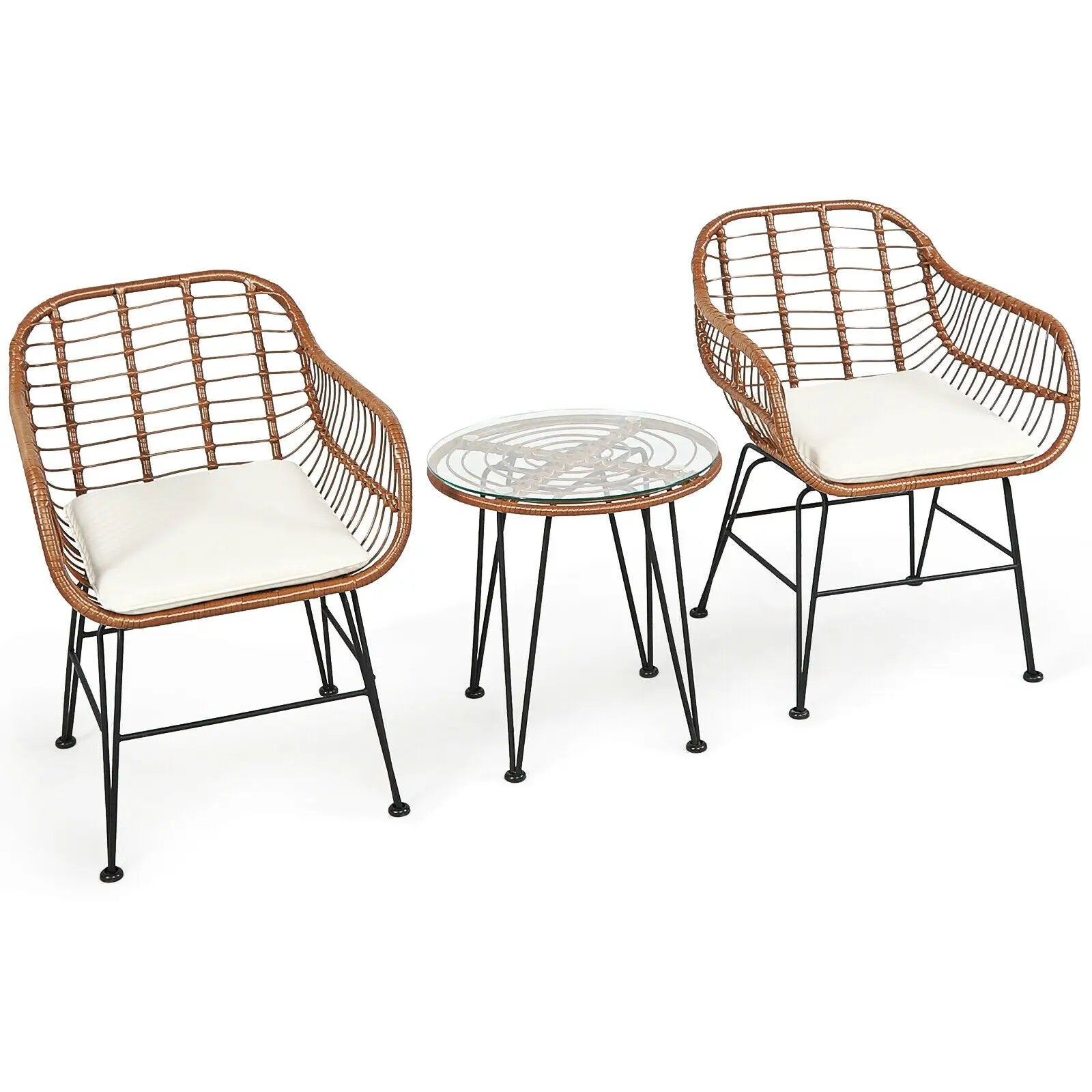 3-Piece Rattan Bistro Set with Cushions and Glass Table by DirectDeals