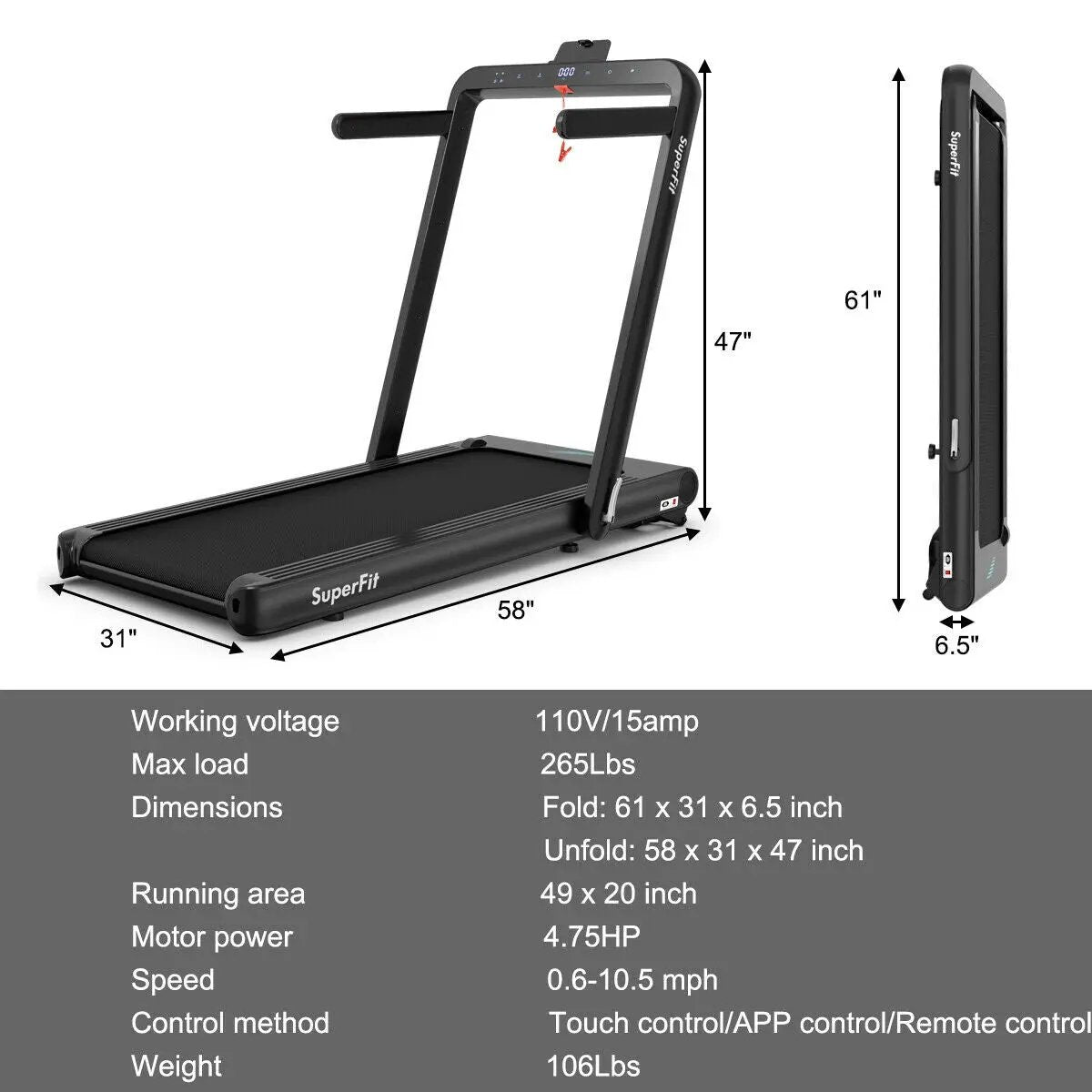 4.75HP 2 In 1 Folding Treadmill with Remote APP Control, photo 5 of 13