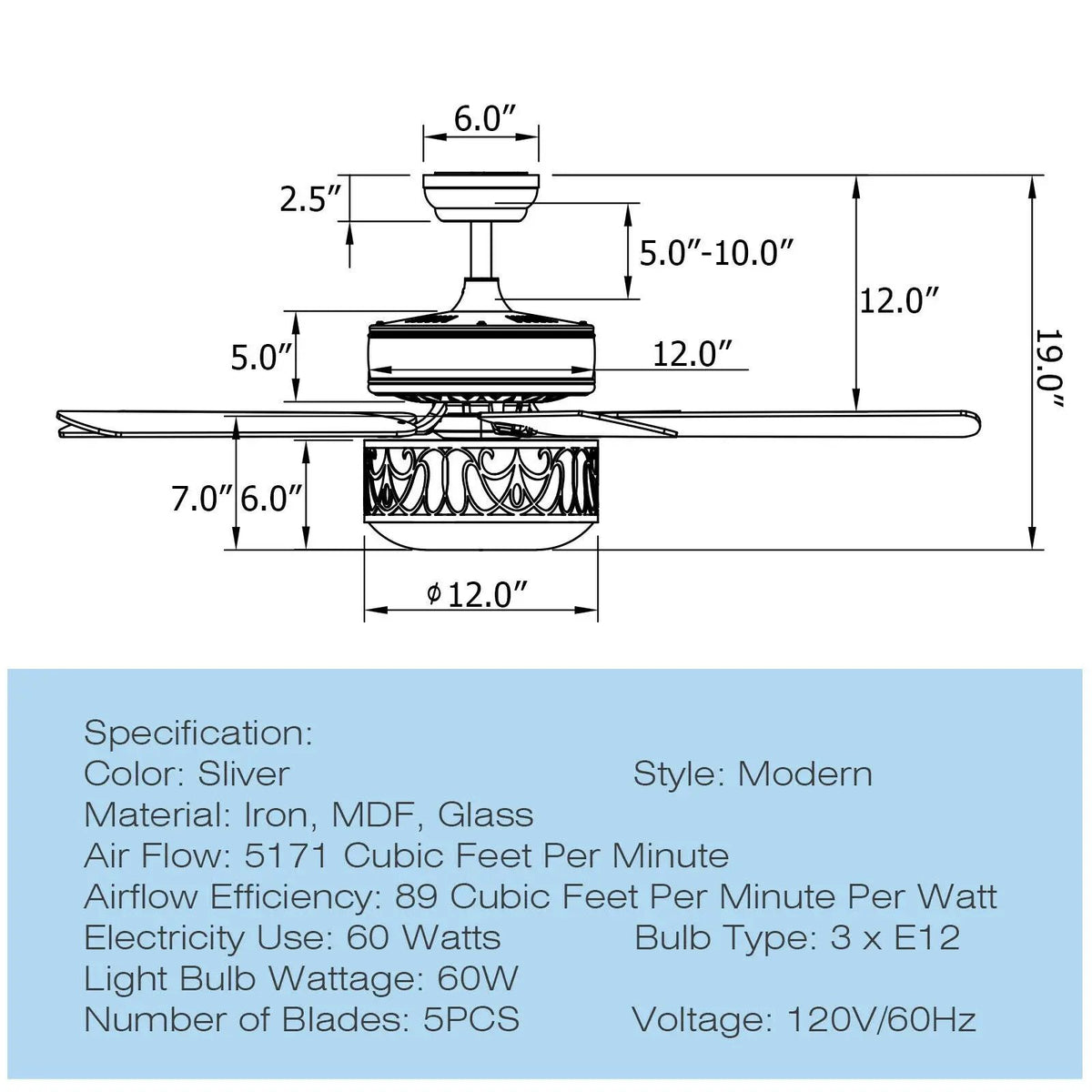 52 Inch Ceiling Fan with Light Reversible Blade and Adjustable Speed, photo 9 of 16