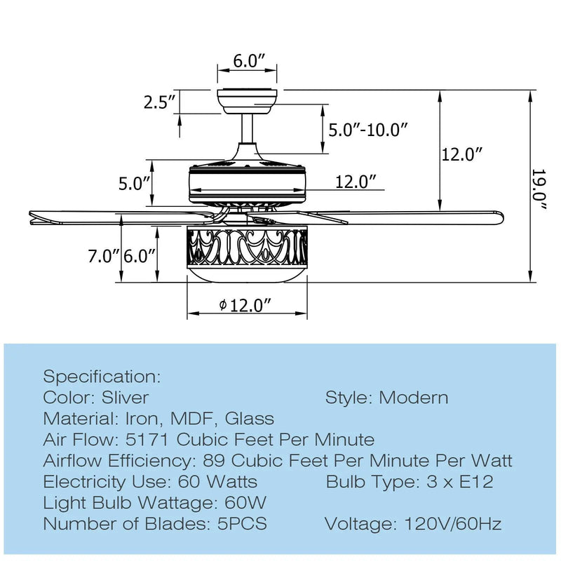 52 Inch Ceiling Fan with Light Reversible Blade and Adjustable Speed by DirectDeals
