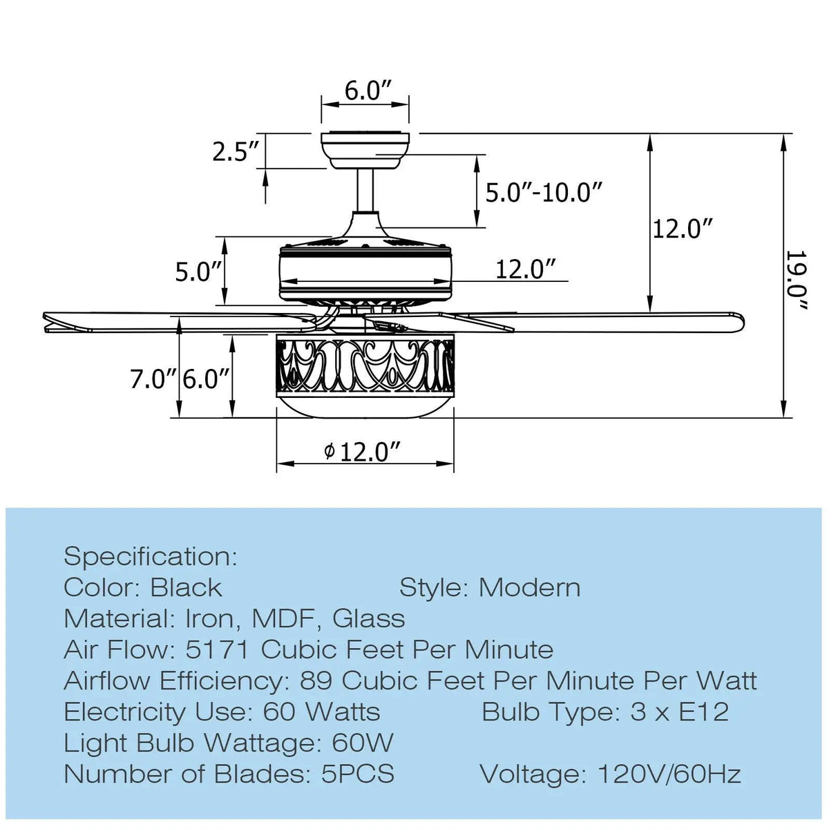 52 Inch Ceiling Fan with Light Reversible Blade and Adjustable Speed, photo 10 of 16