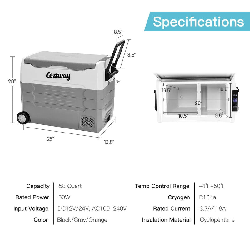 58 Quarts Car Refrigerator Portable RV Freezer Dual Zone with Wheel-Gray by DirectDeals