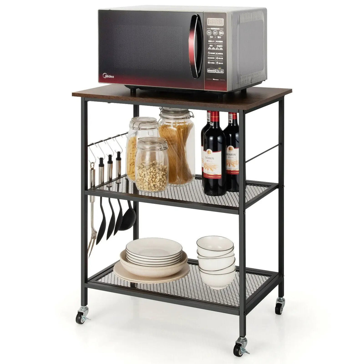 3-Tier Kitchen Serving Cart Utility Standing Microwave Rack with Hooks, photo 8 of 9