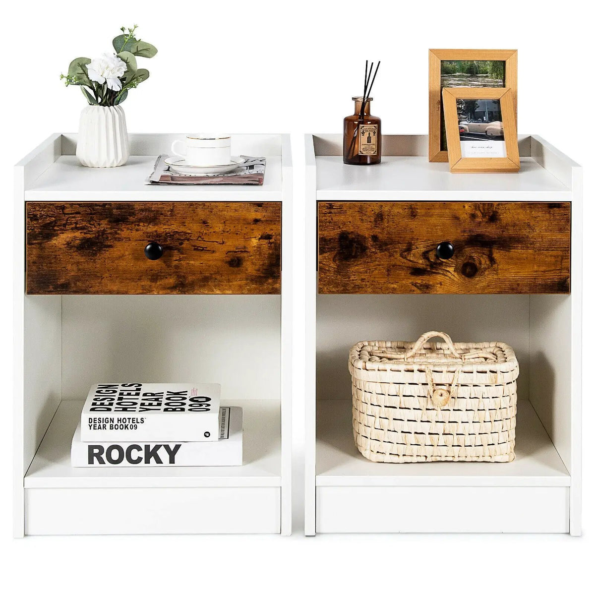 Set of 2 Nightstand with Drawer Cabinet End Side Table Raised Top, photo 6 of 10