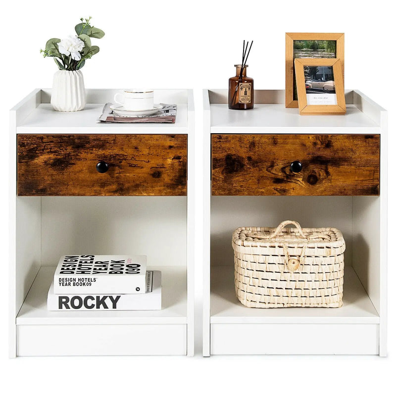 Set of 2 Nightstand with Drawer Cabinet End Side Table Raised Top by DirectDeals