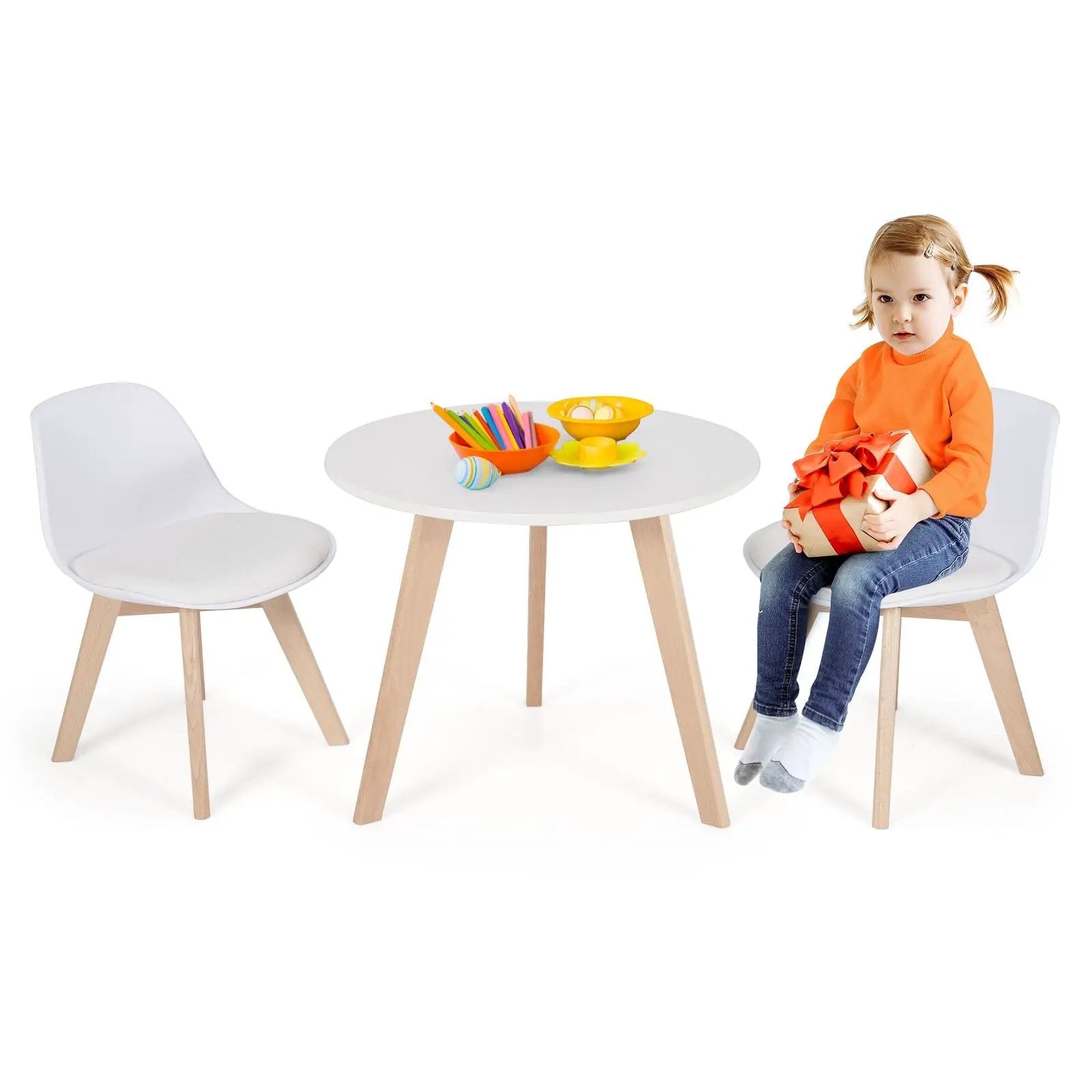 Modern Kids Activity Play Table and 2 Chairs Set with Beech Leg Cushion-White by DirectDeals