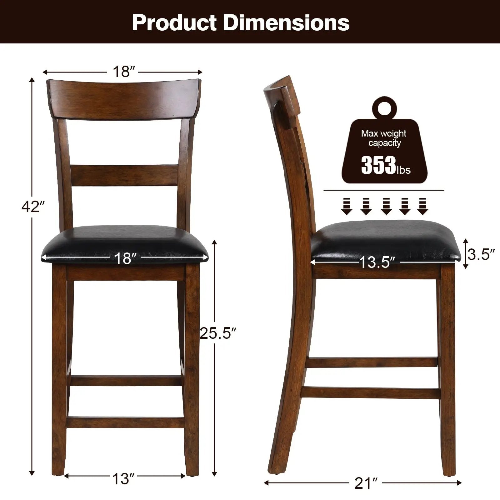 2 Pieces Counter Height Chair Set with Leather Seat and Rubber Wood Legs by DirectDeals