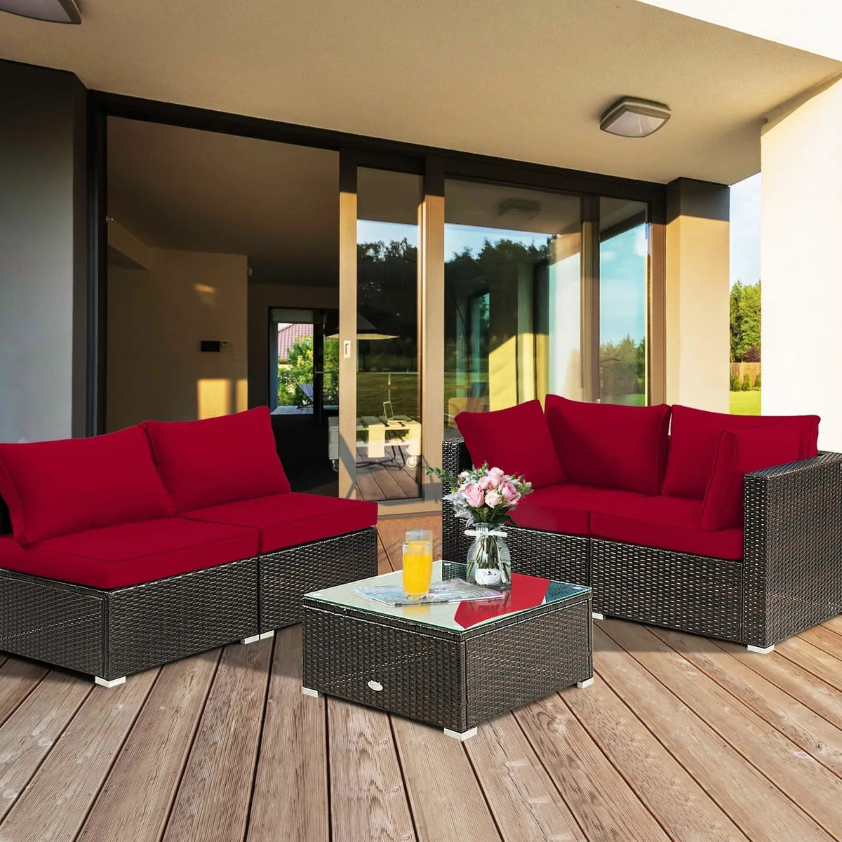 5 Pieces Cushioned Patio Rattan Furniture Set with Glass Table, photo 2 of 12