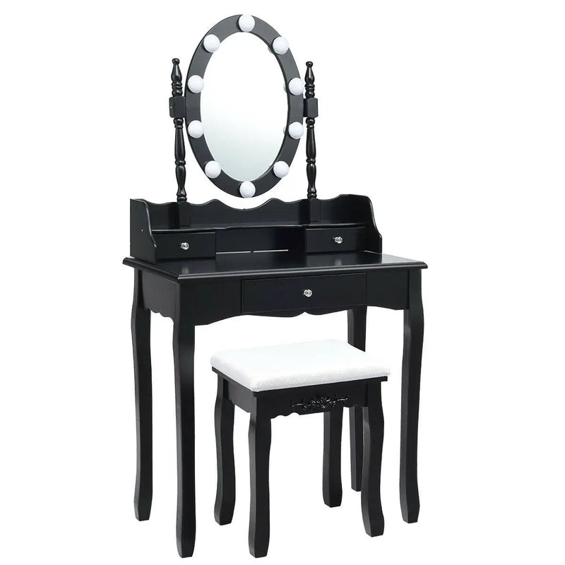 Oval Mirror Vanity Set with 10 LED Dimmable Bulbs and 3 Drawers by DirectDeals