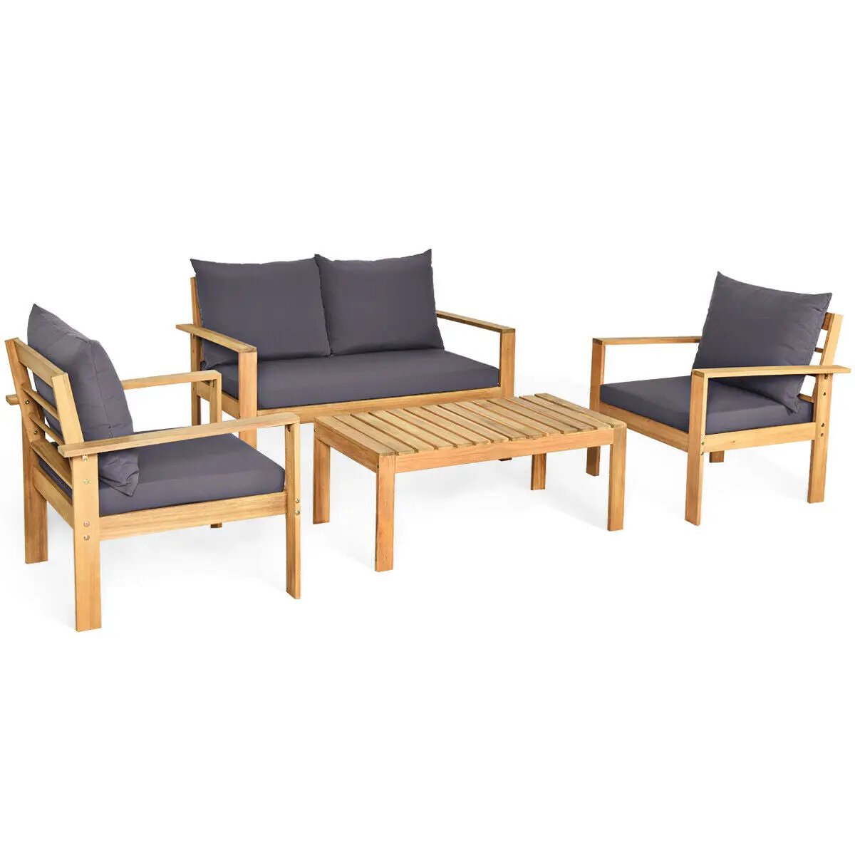Outdoor 4 Pieces Acacia Wood Chat Set with Water Resistant Cushions, photo 3 of 11