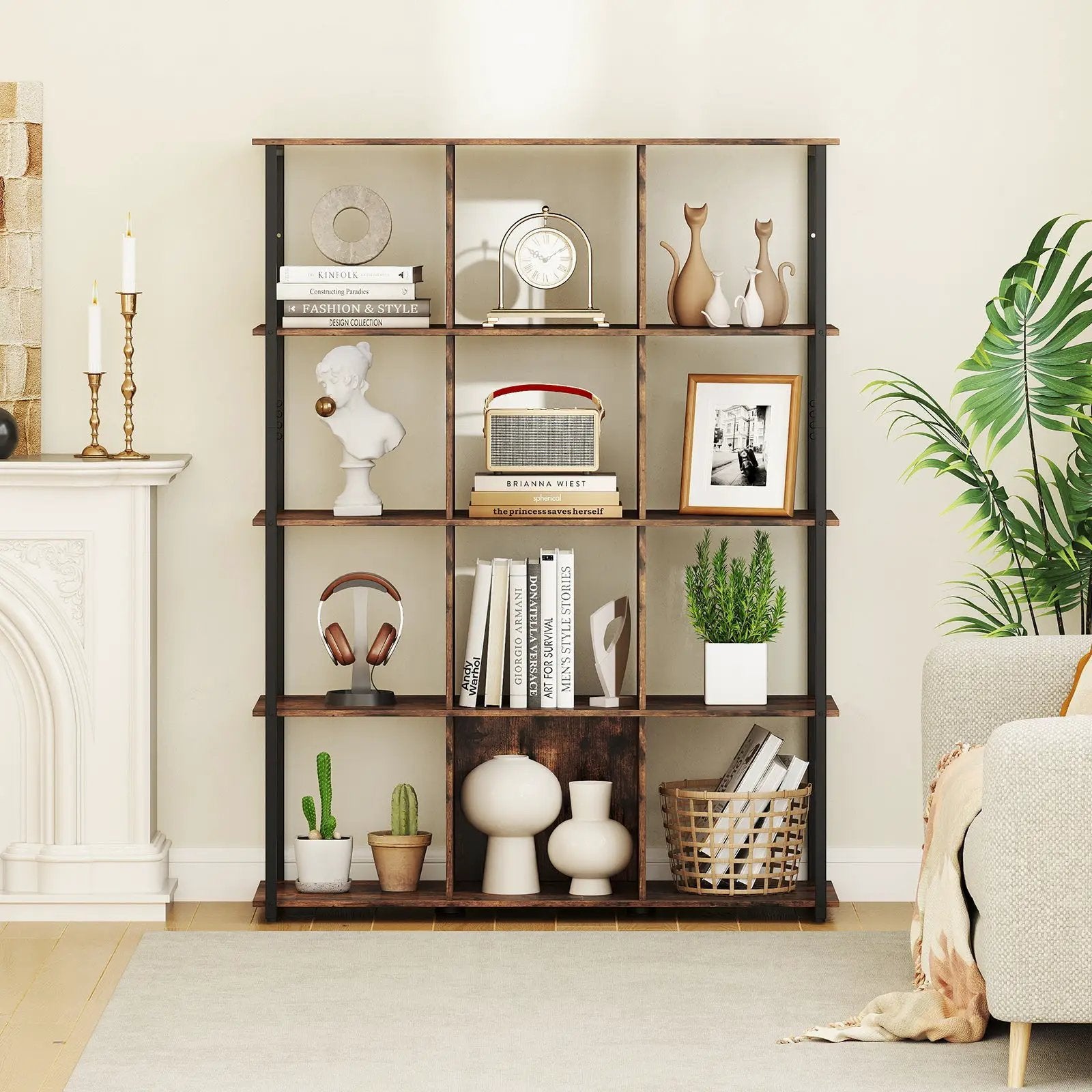 12-Cube Bookcase with 2 Anti-tipping Kits for Living Room-Rustic Brown by DirectDeals