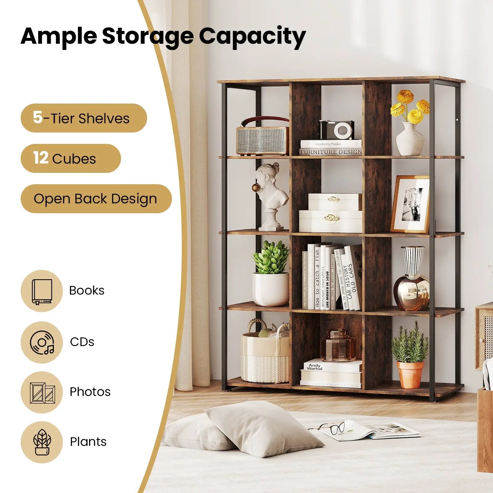 12-Cube Bookcase with 2 Anti-tipping Kits for Living Room-Rustic Brown by DirectDeals