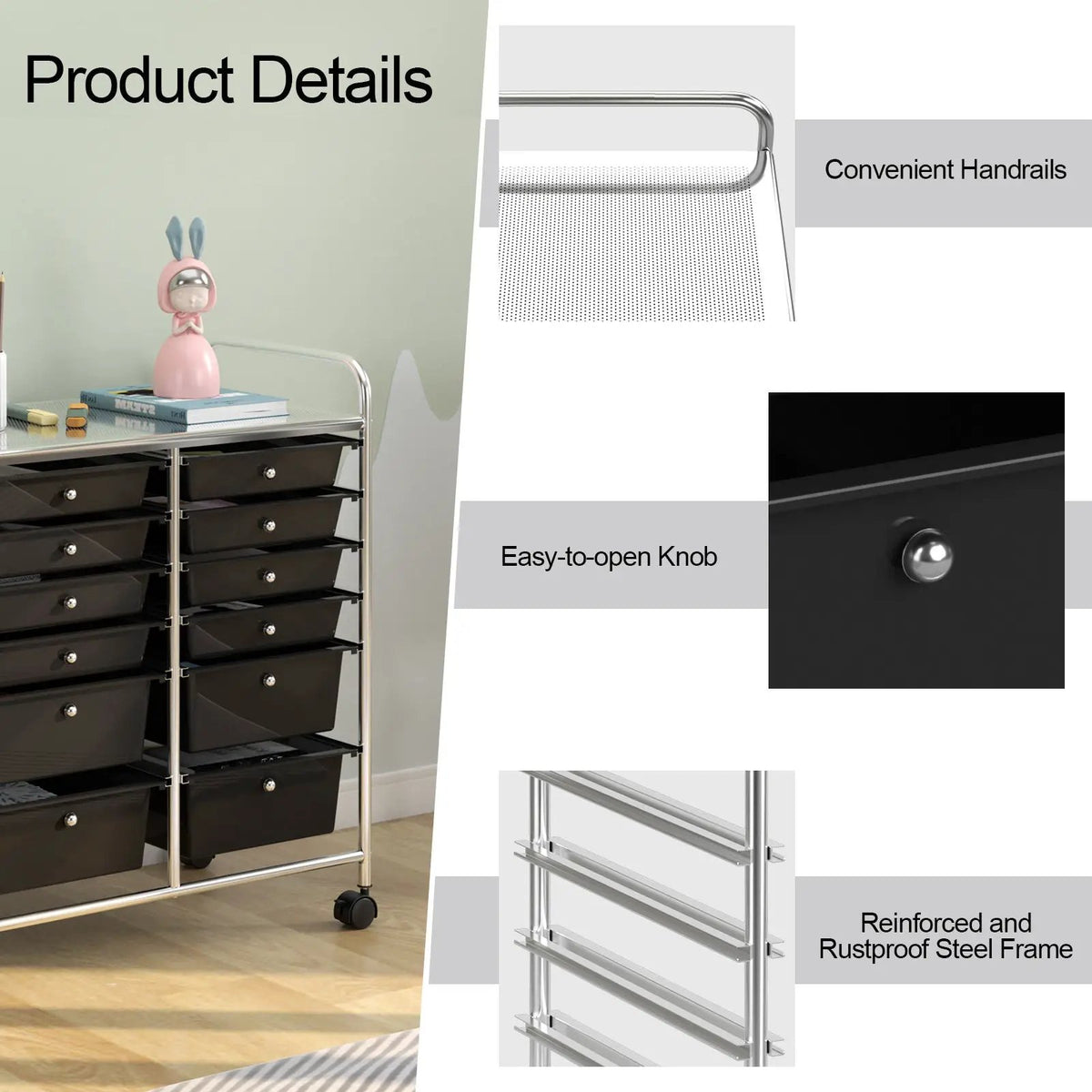 12 Storage Drawer Organizer Bins Rolling Cart, detail