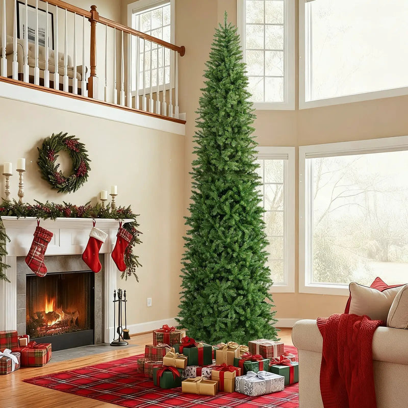 12 Feet Tall Pre-Lit Artificial Christmas Tree Outdoor Indoor Slim Pencil Tree with Lights by DirectDeals