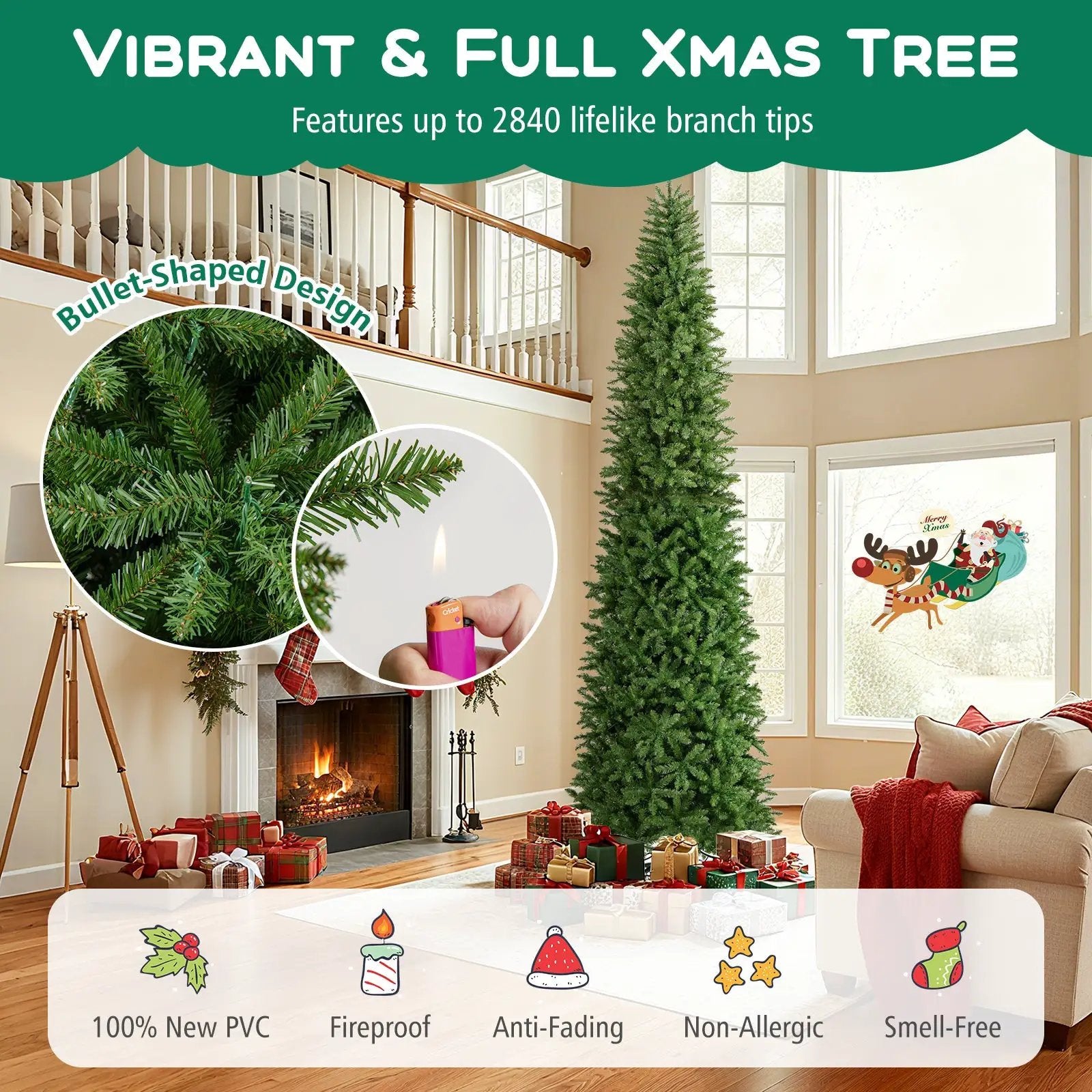 12 Feet Tall Pre-Lit Artificial Christmas Tree Outdoor Indoor Slim Pencil Tree with Lights by DirectDeals