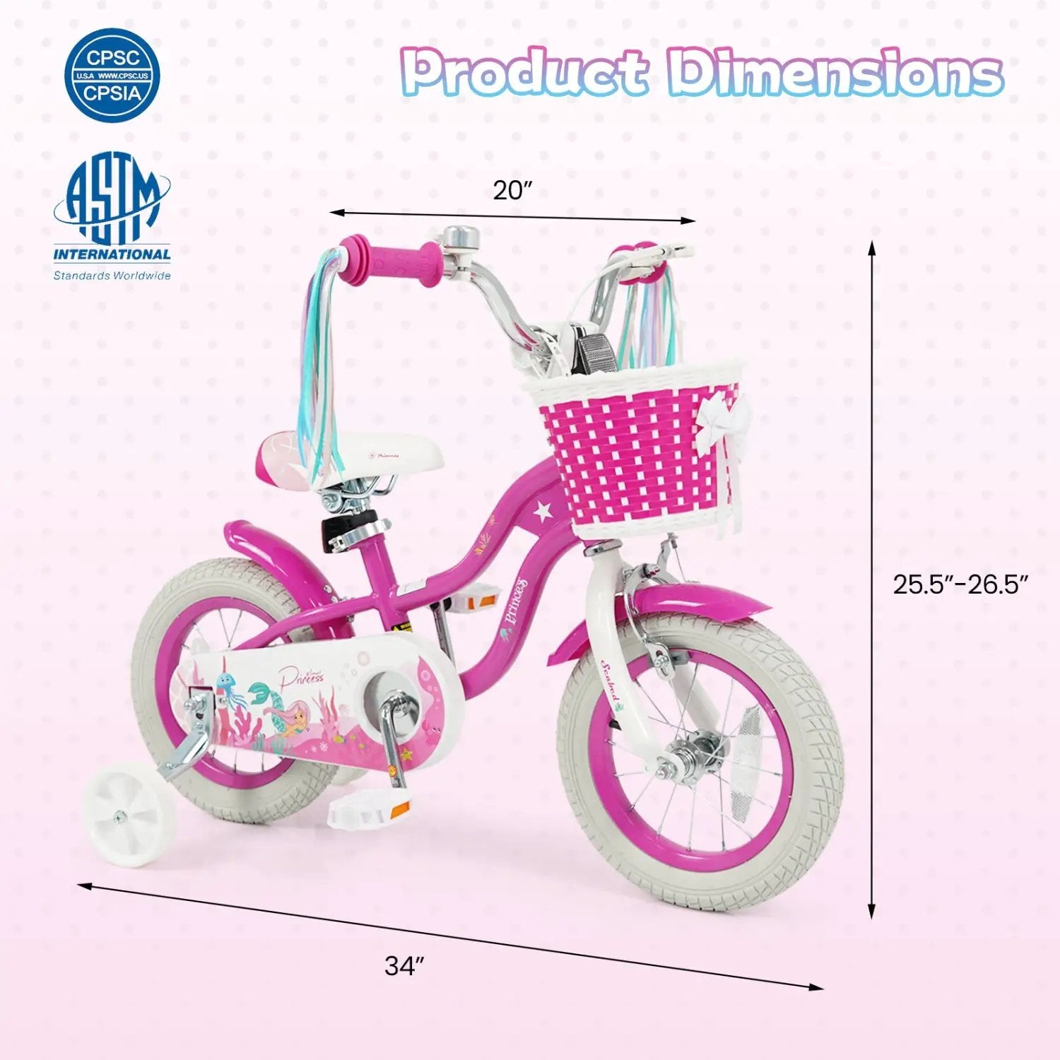 Kids Bike 18-Inch with Training Wheels and Basket Rose Red by DirectDeals