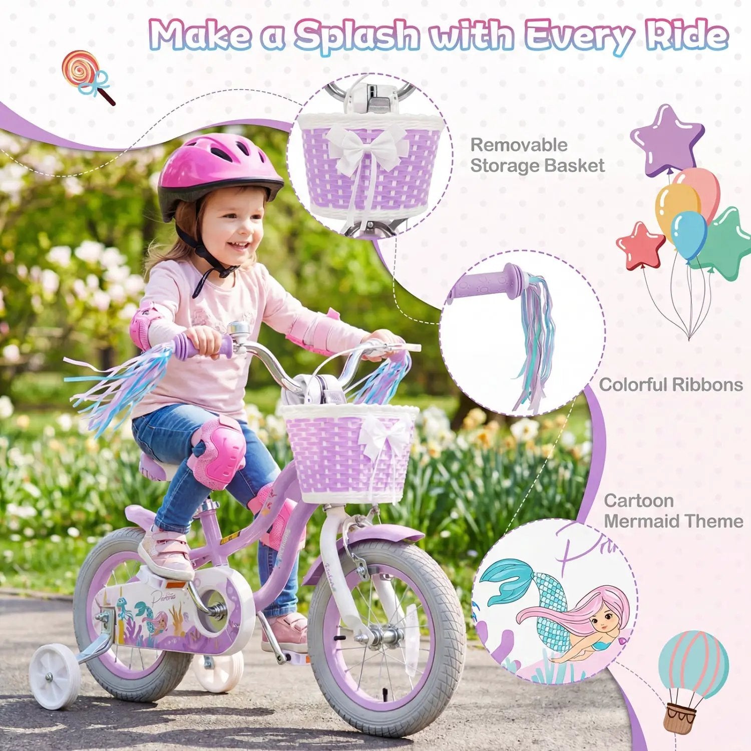 Kids Bike 12-20 Inch with Training Wheels & Basket Purple by DirectDeals