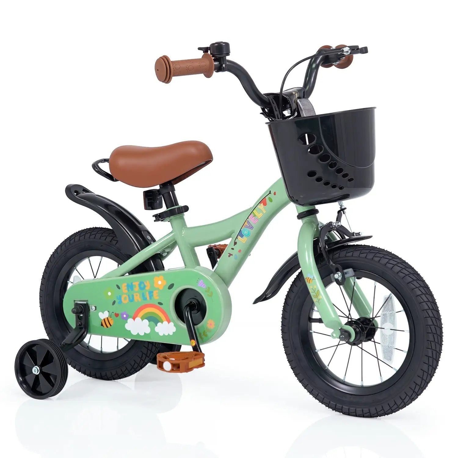 Girls Bike 12 Inch with Training Wheels and Basket - Green by DirectDeals