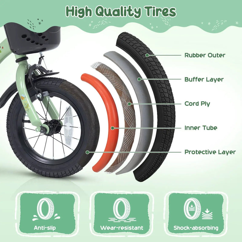 Girls Bike 12 Inch with Training Wheels and Basket - Green by DirectDeals