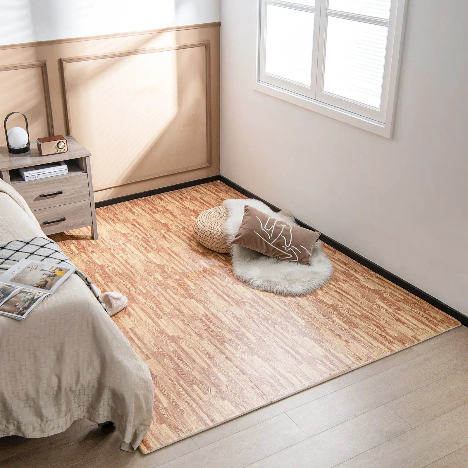 12 Tiles Wood Grain Foam Floor Mats with Borders by DirectDeals